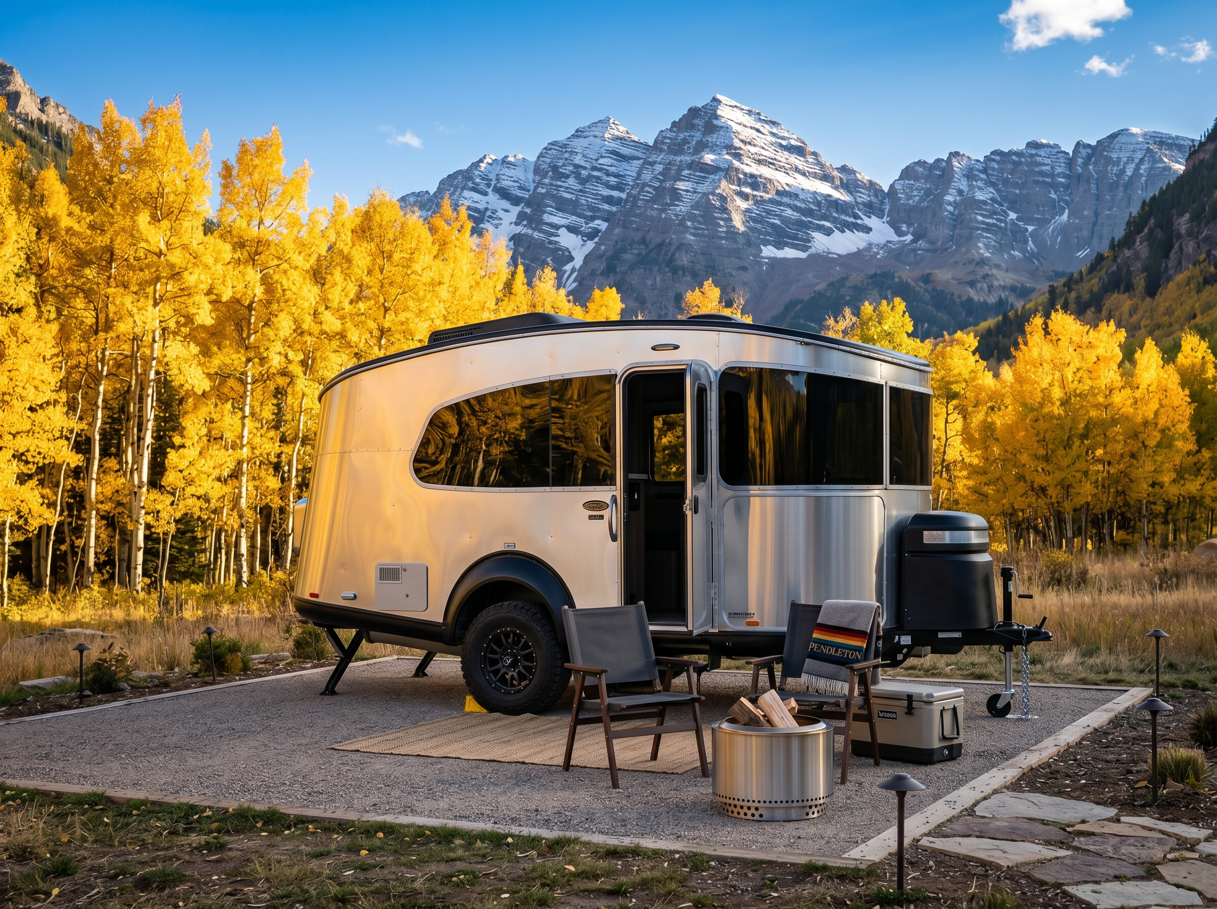 Aerial view of Aspen Colorado with the Maroon Bells peaks, golden aspen trees in autumn, and the Roaring Fork Valley