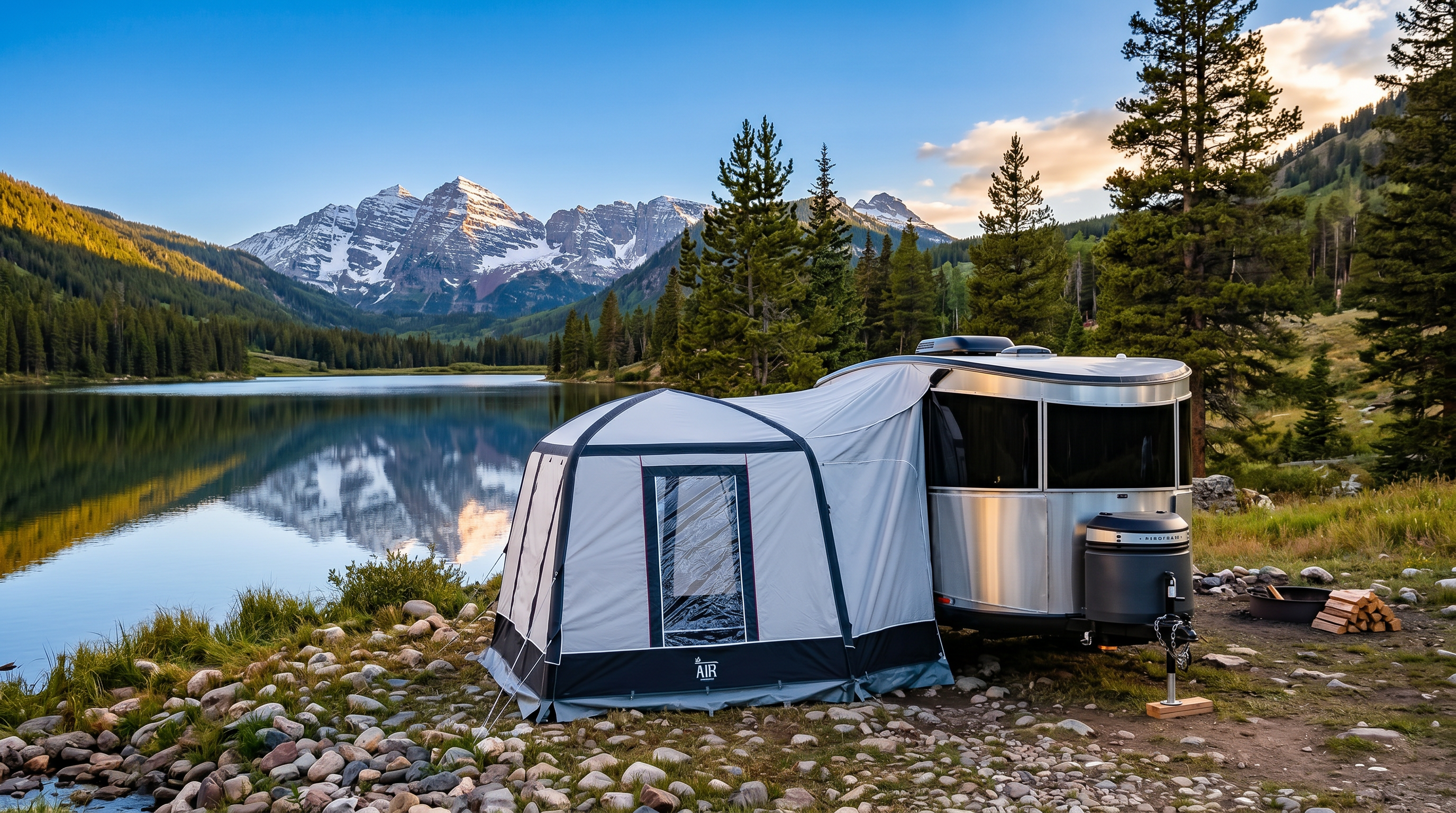 Air inflated extension tent attached to an Airstream under a milky way sky in Colorado with a couple sitting by a campfire