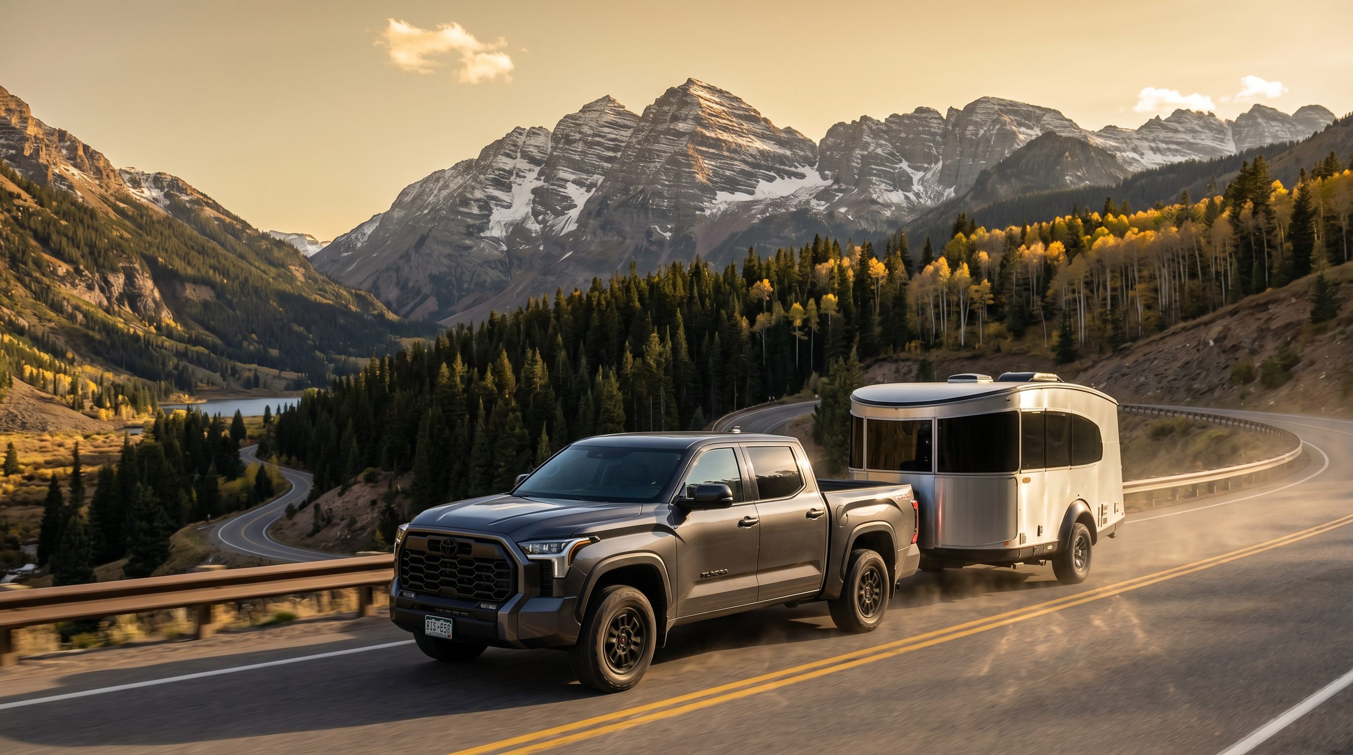 Black Toyota Tundra TRD Off Road towing an Airstream on a Colorado mountain highway